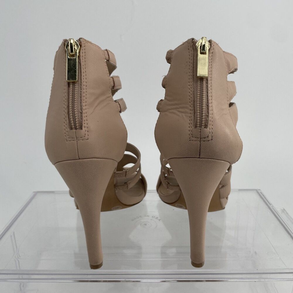 BCBGeneration Strappy Cage Shoes 7.5 B Stilletto Heels Nude Zip Back Open Toe - Picture 5 of 11
